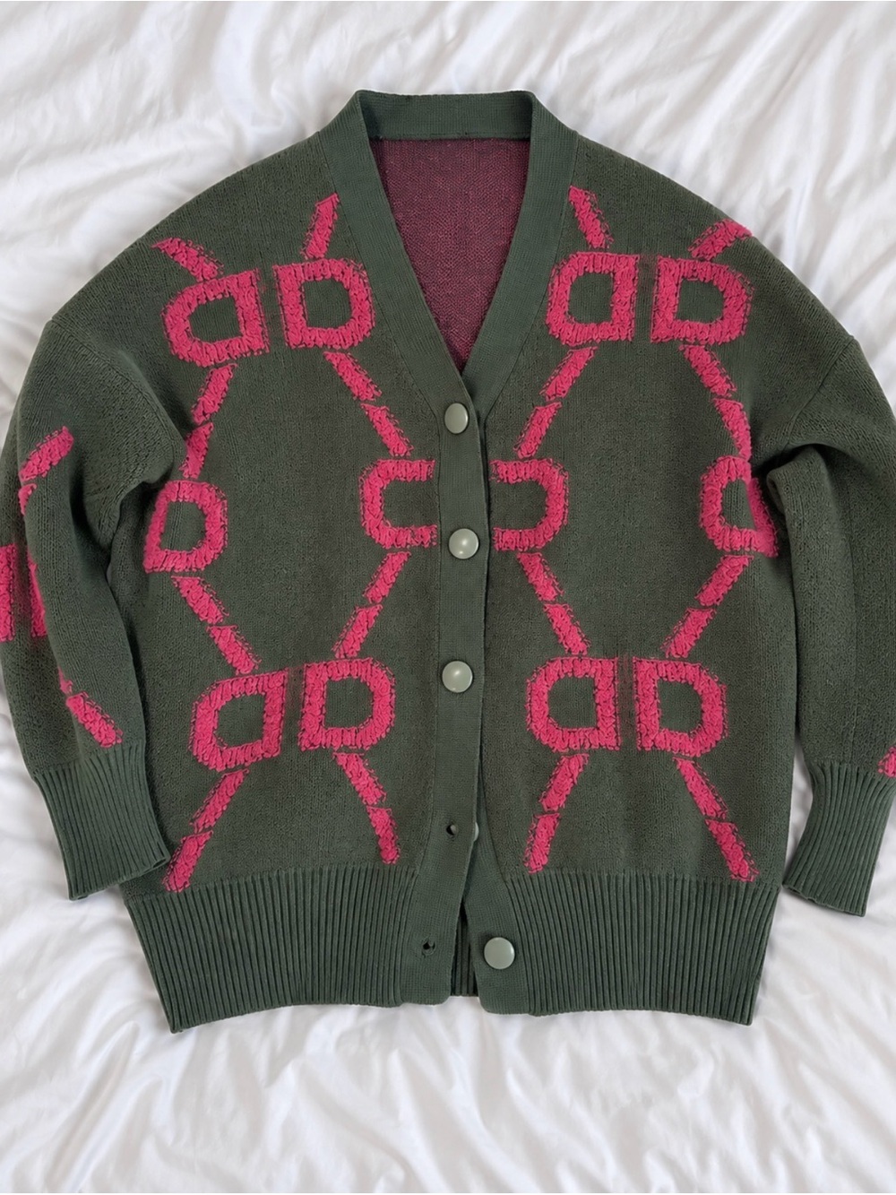 SHEIN Olive Green Cardigan with Pink Geometric Knit - Picture 2 of 2